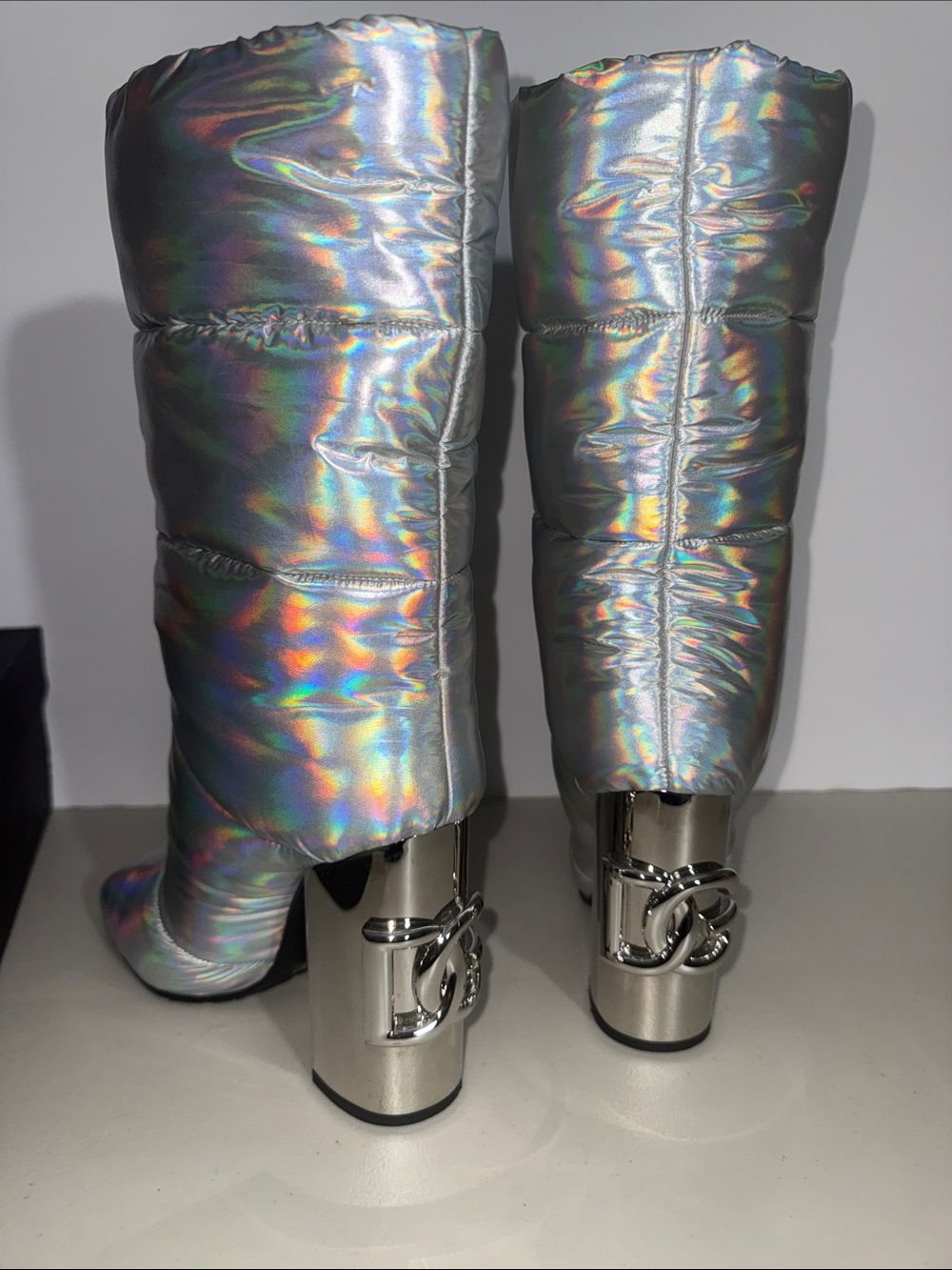 Dolce & Gabbana Holographic Silver Puffer Knee Boots